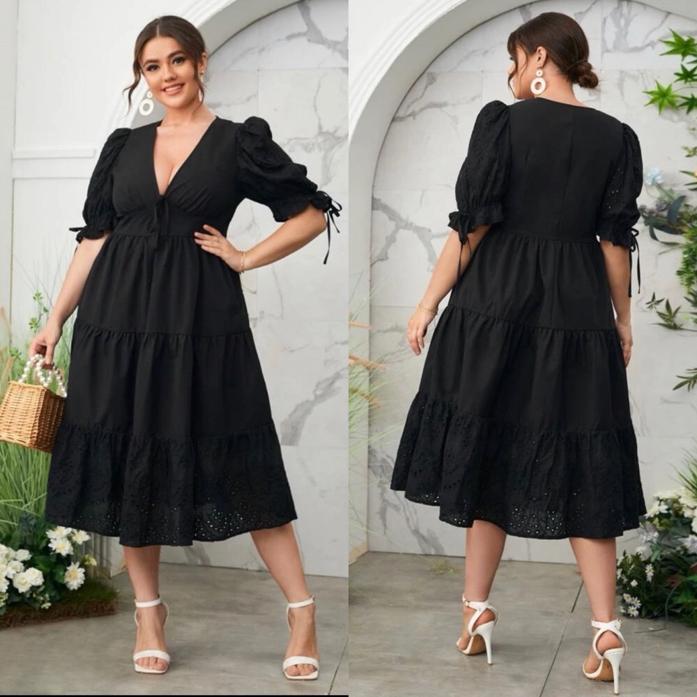 SHEIN Black Tie Front Eyelet Embroidered Hem Dress Short Sleeve